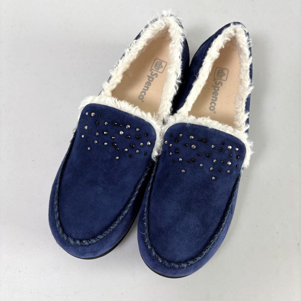 Spenco Balboa Rhinestone Slip On Shoes Size 8B Blue Suede Orthotic Comfort